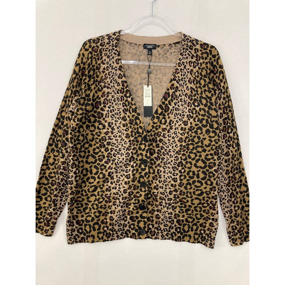 New Talbots Cardigan 1XP Leopard Print V-Neck Button Front Wool Blend Sweater